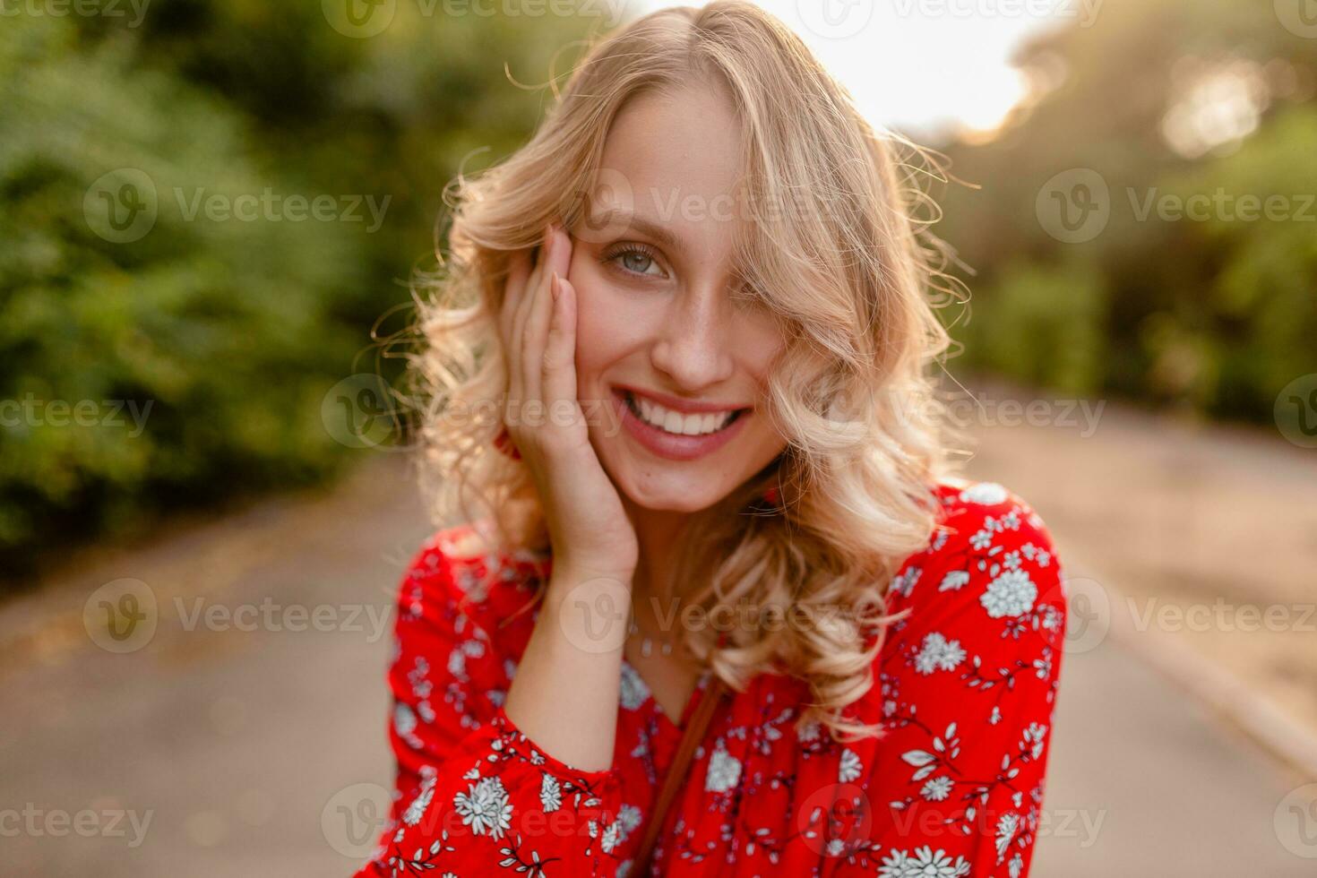 attractive stylish blond smiling woman in straw red blouse summer fashion photo