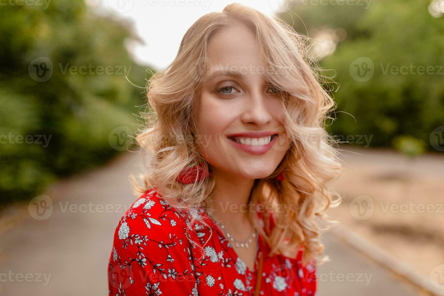 attractive stylish blond smiling woman in straw red blouse summer fashion photo