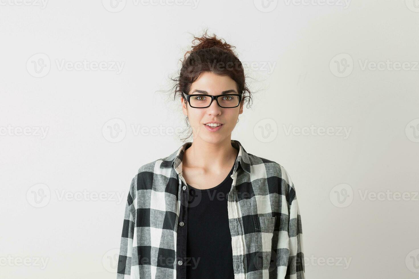 portrait of young hipster pretty woman in checkered shirt photo