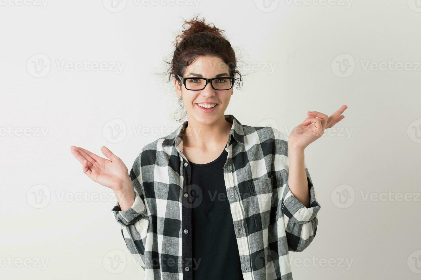 portrait of young hipster pretty woman in checkered shirt photo