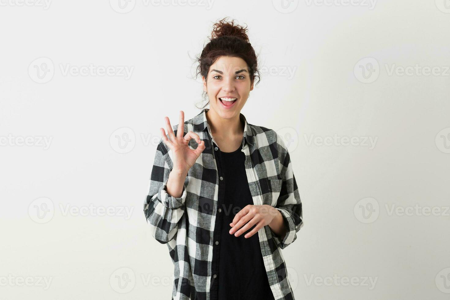 portrait of young hipster pretty woman in checkered shirt photo