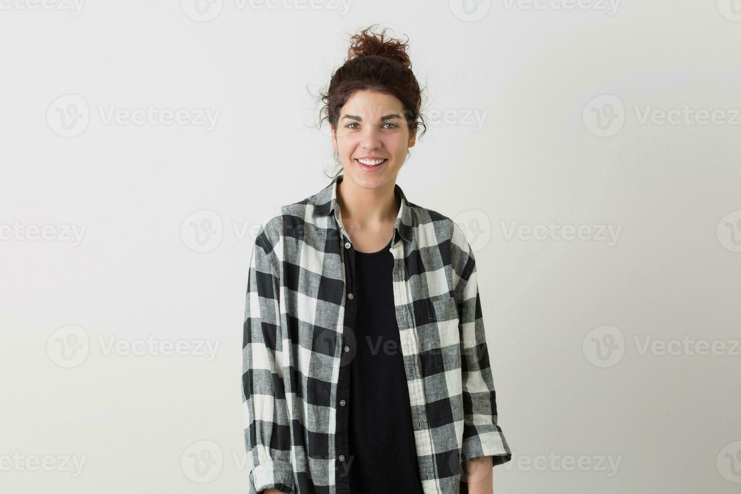 portrait of young hipster pretty woman in checkered shirt photo