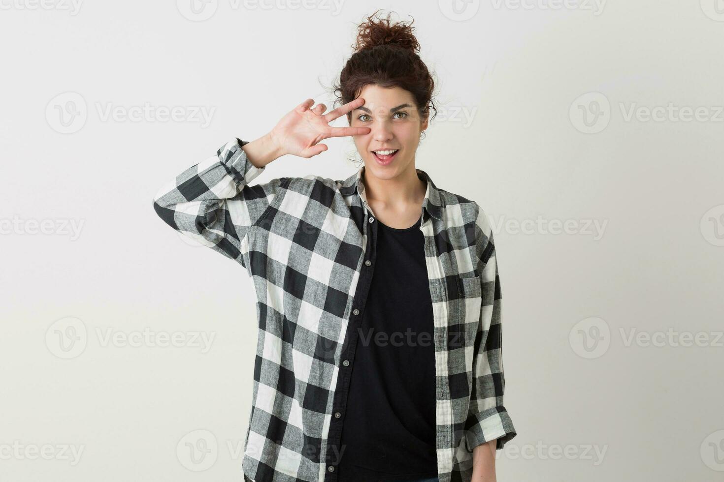 portrait of young hipster pretty woman in checkered shirt photo