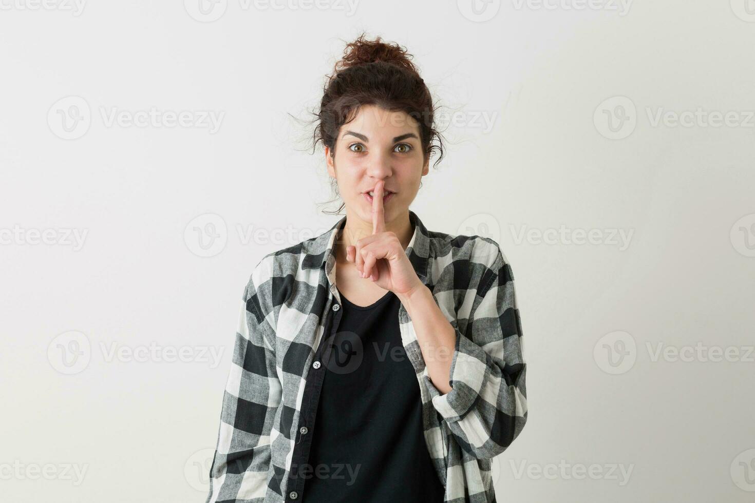 portrait of young hipster pretty woman in checkered shirt photo