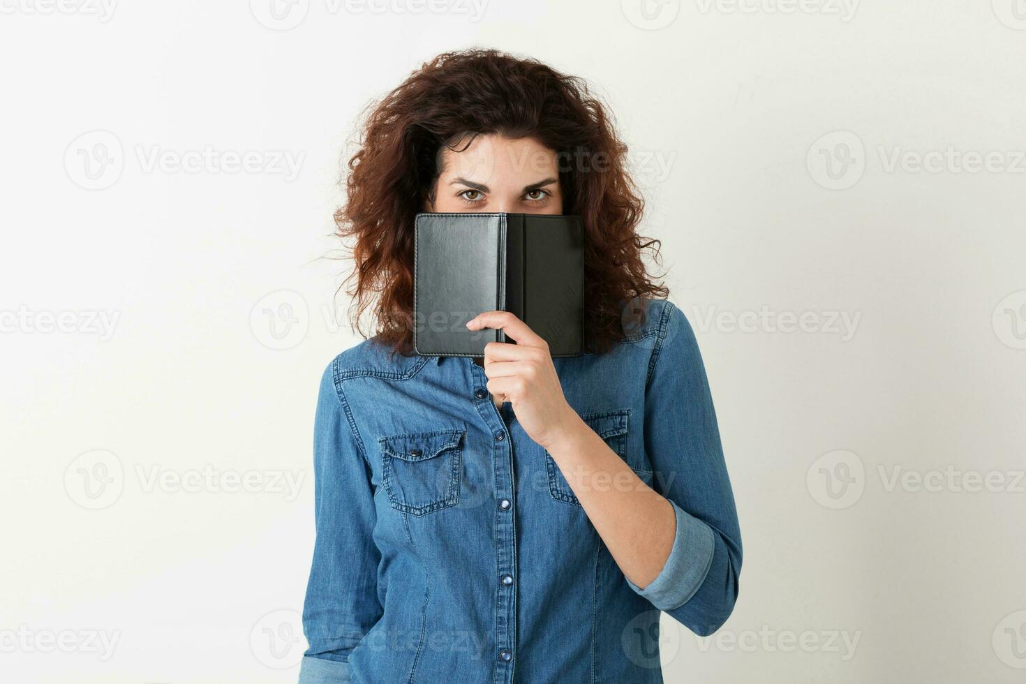 young pretty woman curly hair blue shirt, hipster style photo