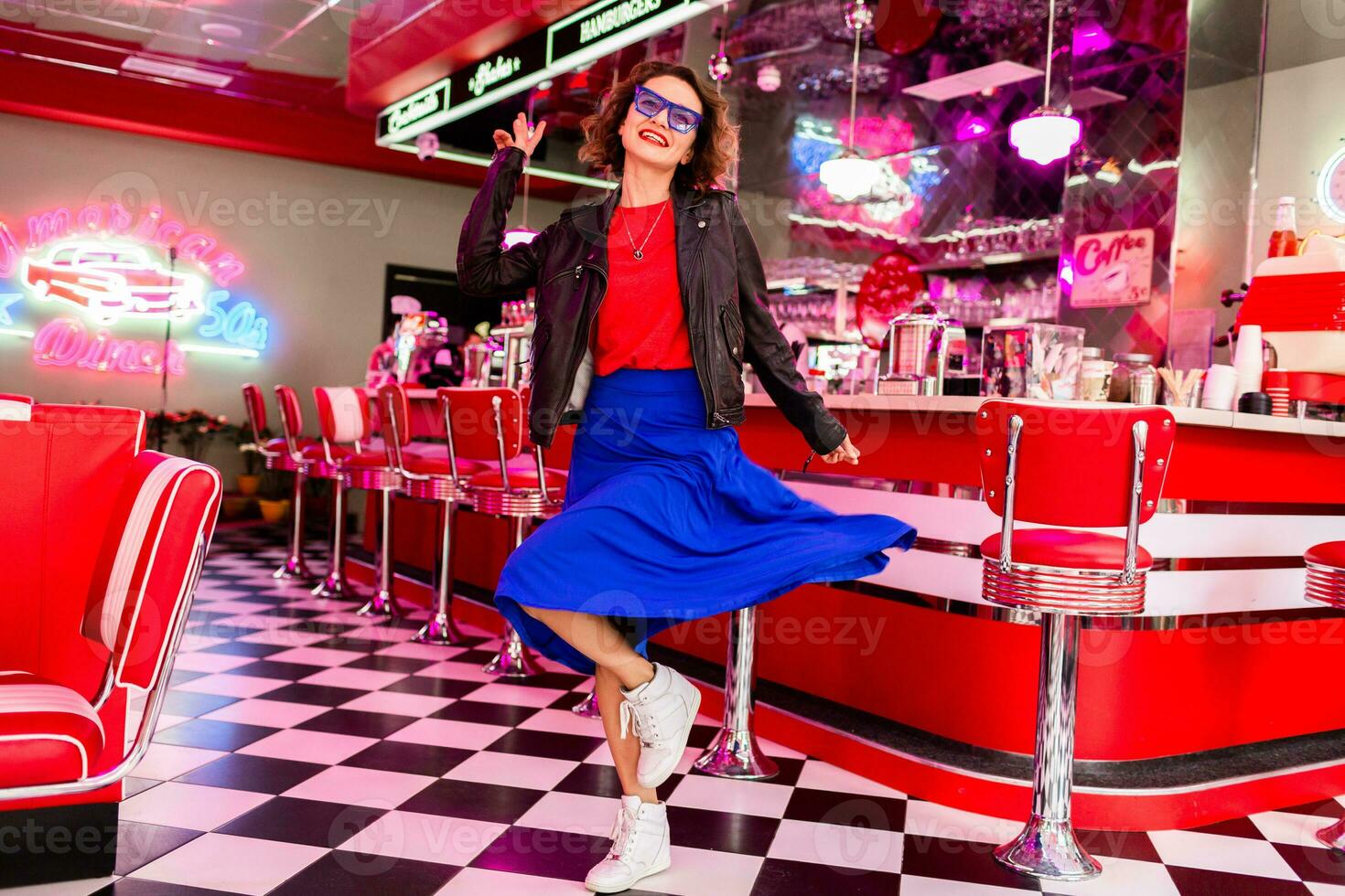 stylish smiling woman in retro vintage cafe photo