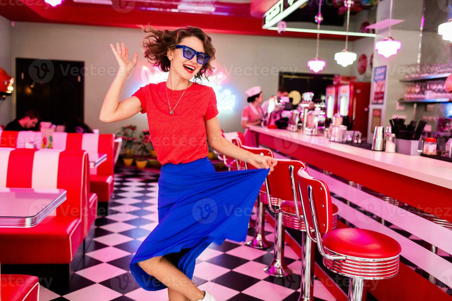 stylish smiling woman in retro vintage cafe photo