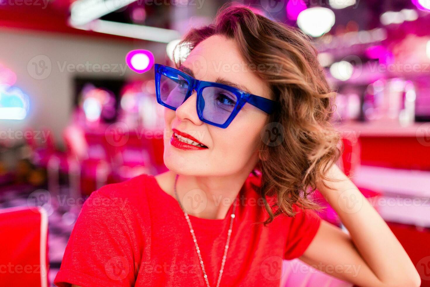 stylish smiling woman in retro vintage cafe photo