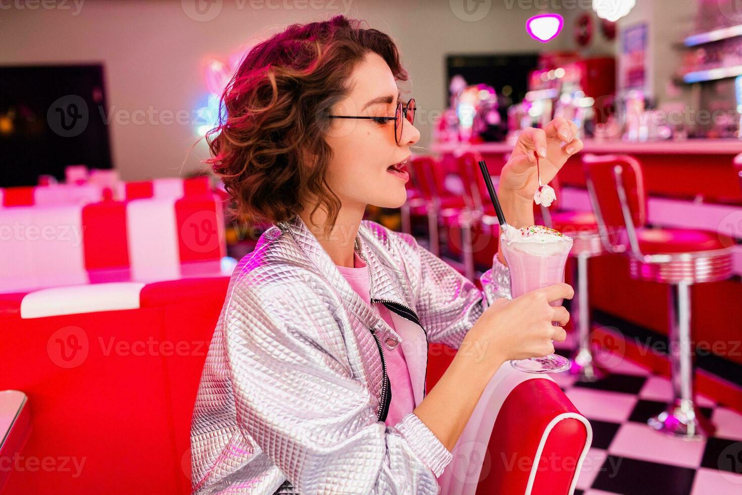 stylish smiling woman in retro vintage cafe photo