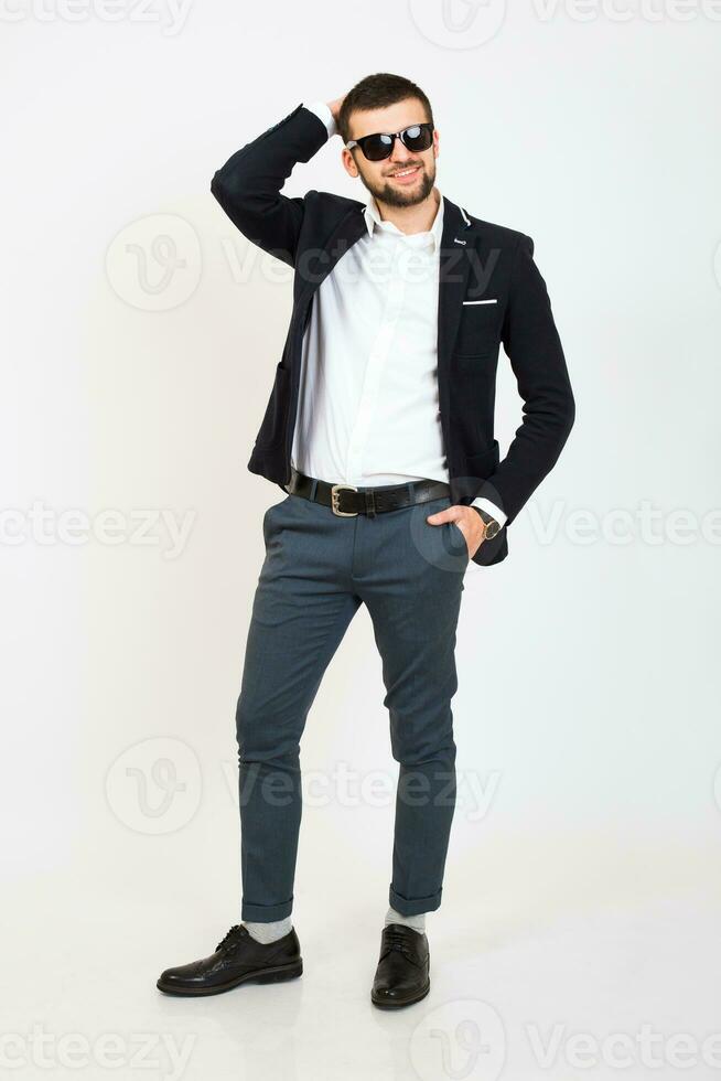 young handsome stylish hipster man in black jacket, business style photo