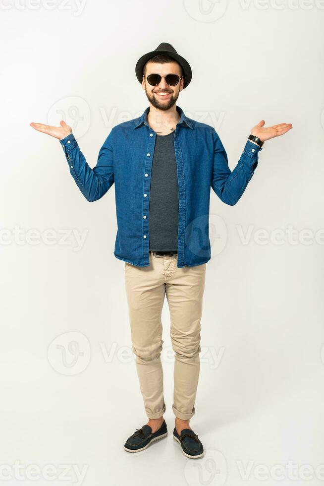 young handsome hipster man stylish outfit, denim shirt photo