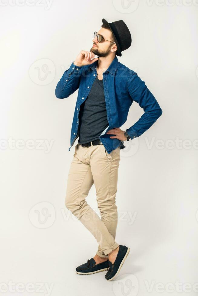 young handsome hipster man stylish outfit, denim shirt photo