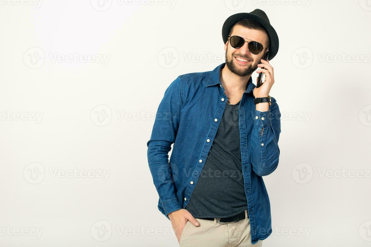 young handsome hipster man stylish outfit, denim shirt photo