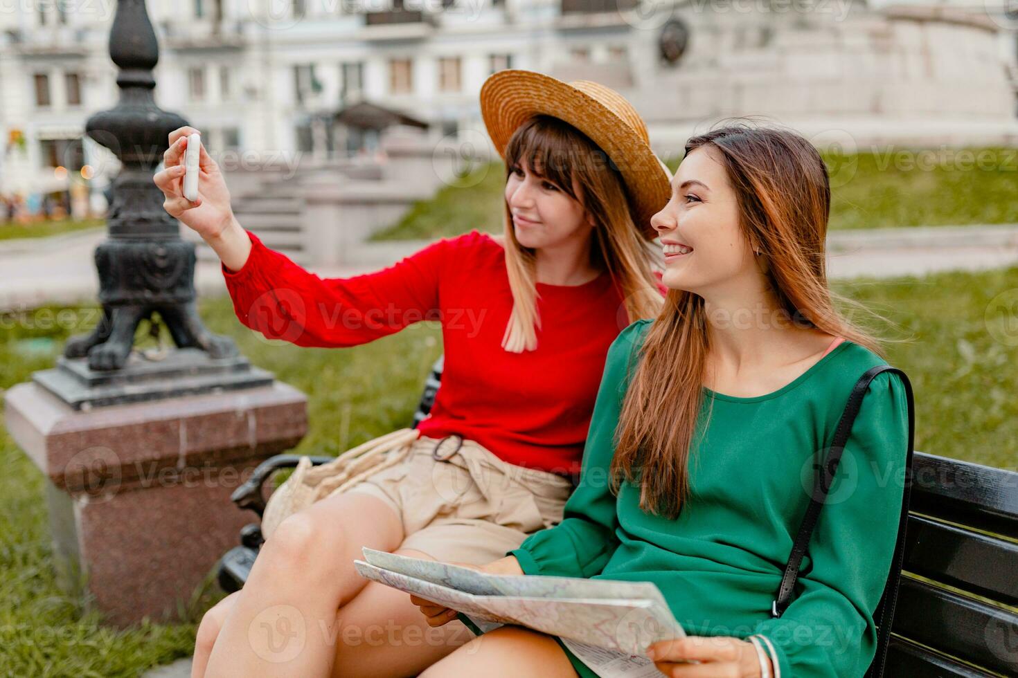 stylish young women traveling together summer fashion style photo