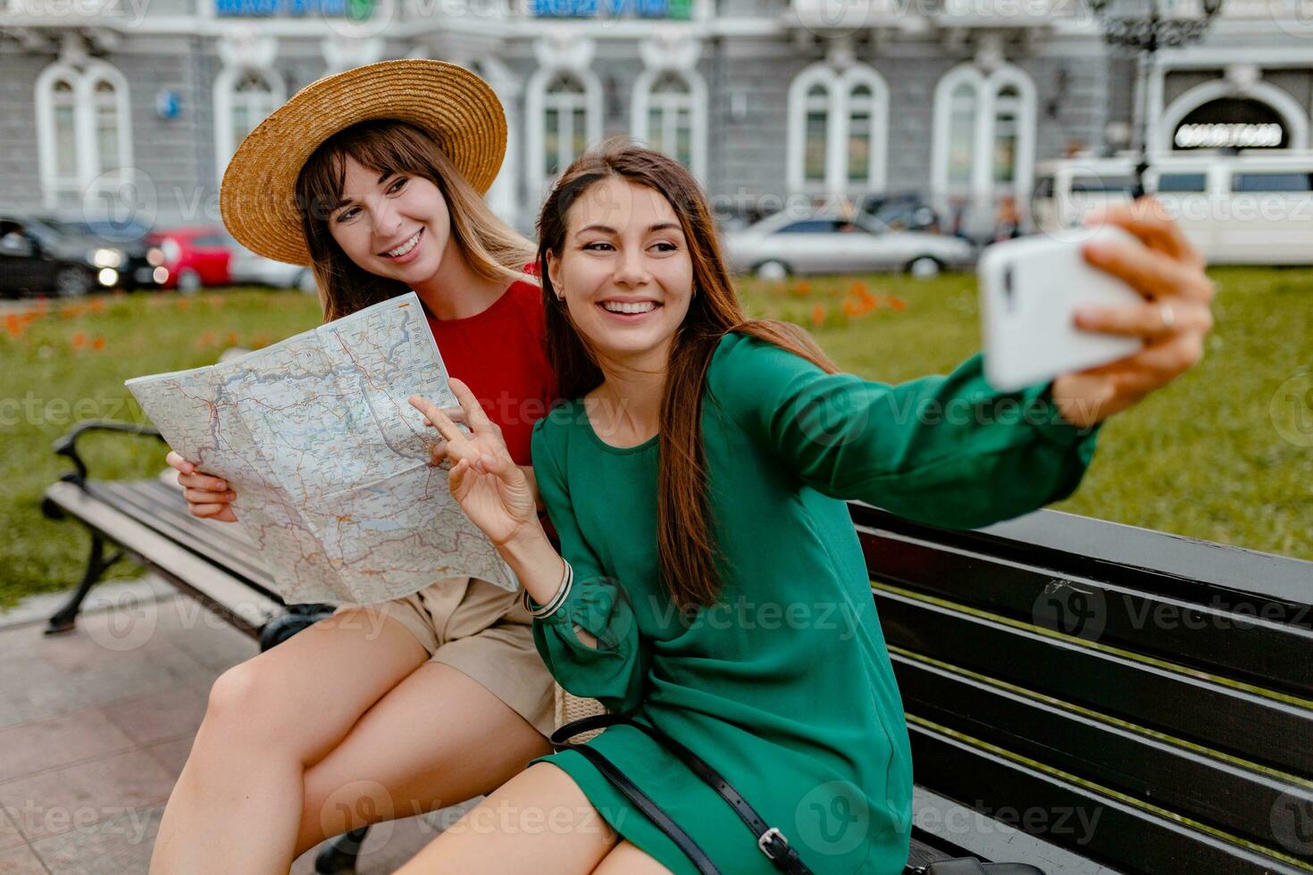 stylish young women traveling together summer fashion style photo