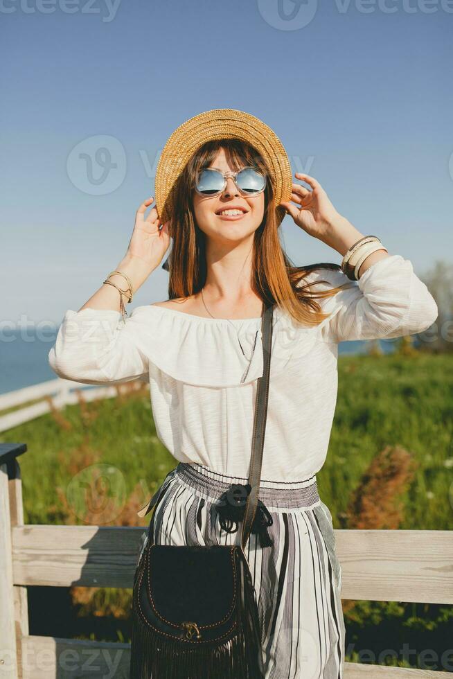 happy young beautiful stylish woman, spring summer fashion trend photo