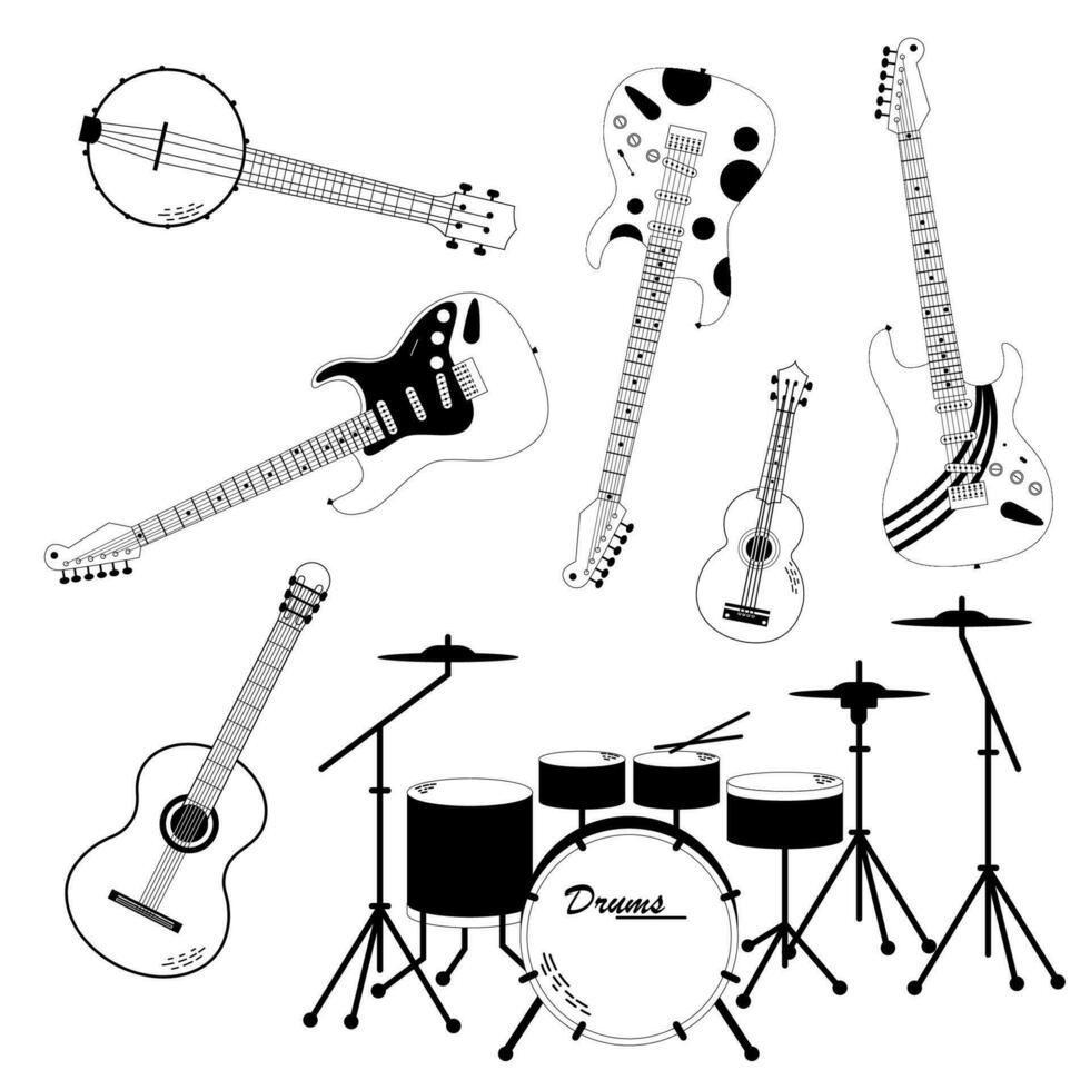 Vector set of musical rock instruments drawn in graphic style. Isolated on white background rock band orchectra - drums, cimbals, electric guitar, guitar, banjo, ukulele.