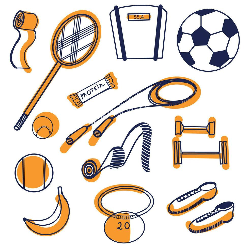 Set of vector illustrations. Tennis racket, jump rope, balls, sneakers, kettlebell, protein bar and banana drawn in dark blue and orange on a clipboard. Suitable for printing and creativity.
