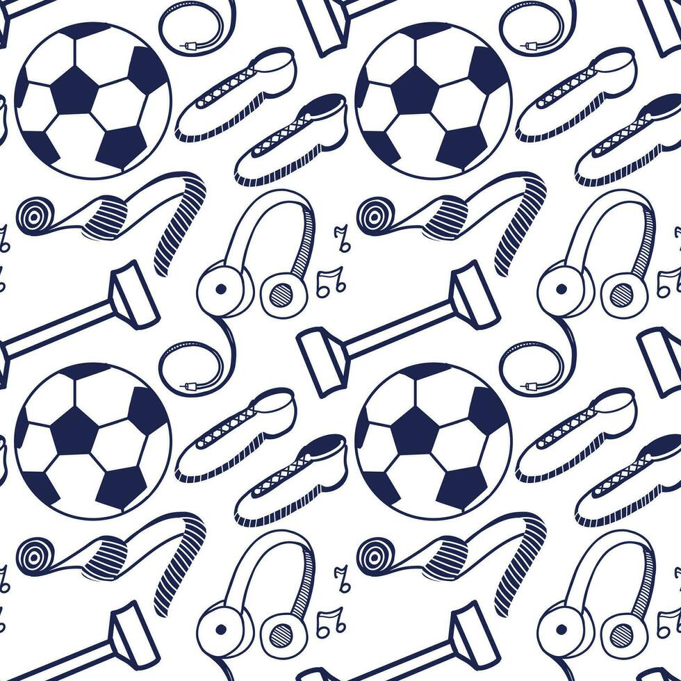 Seamless vector pattern on a white background. Sports equipment, balls, dumbbells, headphones, sneakers drawn in blue on a tablet. Suitable for printing on fabric, paper.