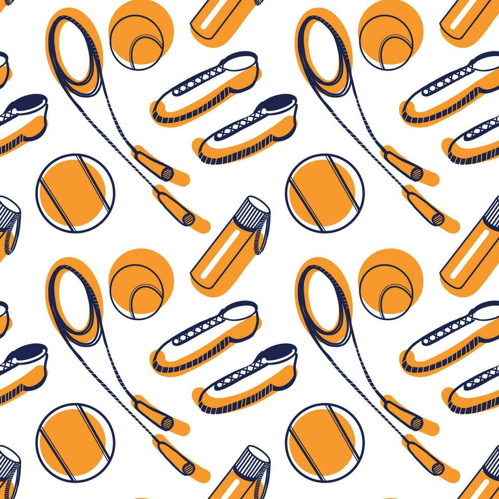 Seamless vector pattern on a white background. Sports equipment, balls, jump rope, sneakers drawn in blue and orange on a tablet. Suitable for printing on fabric, paper.