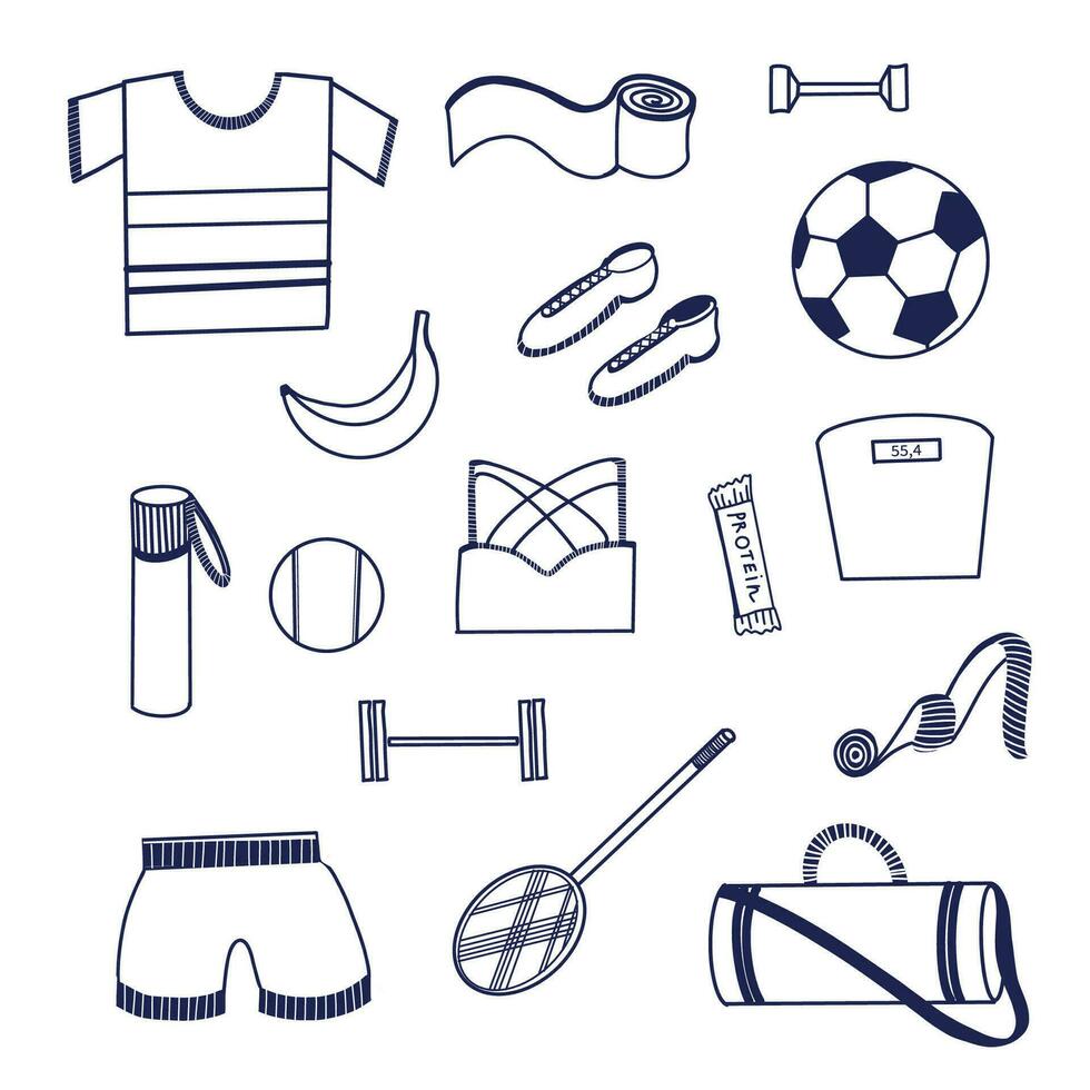 Set of illustrations. Sports equipment - tennis racket, bag, balls, jump rope, scales, water bottle, clothes, food drawn in vector on a tablet in dark blue. For print, design.