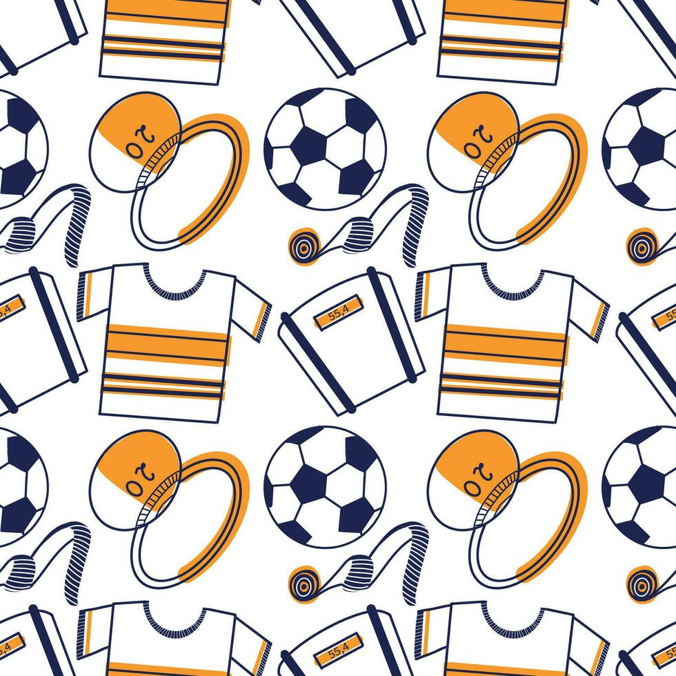 Seamless pattern on the theme of sports. Vector illustration, sports equipment drawn in dark blue and orange on a white background. For design, print