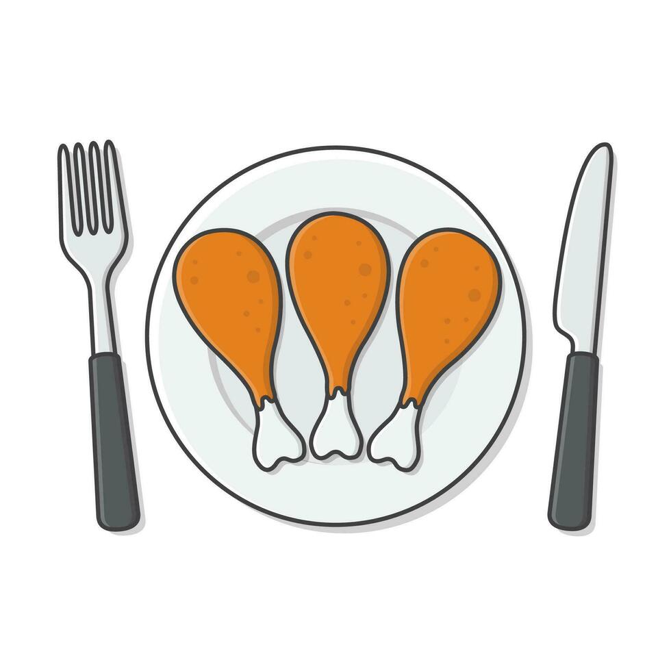 Fried Chicken Legs On Plate With Fork And Knife Vector Icon Illustration. Fried Chicken Drumsticks Flat Icon