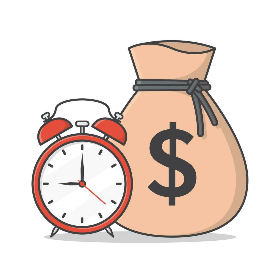 Sack Of Money With Alarm Clock Vector Icon Illustration. Time Is Money Concept Flat Icon