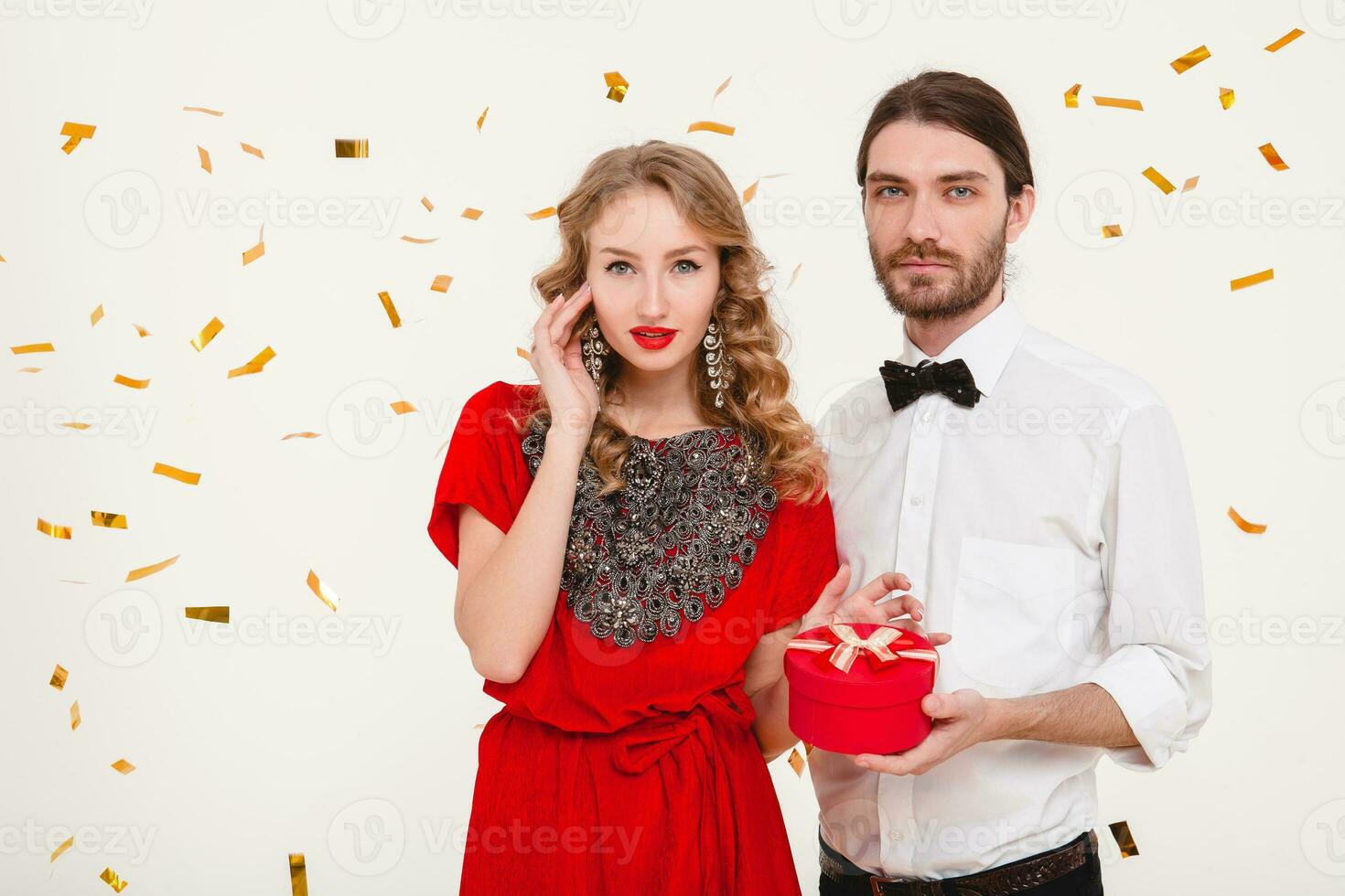 beautiful stylish couple in love celebrating new year photo