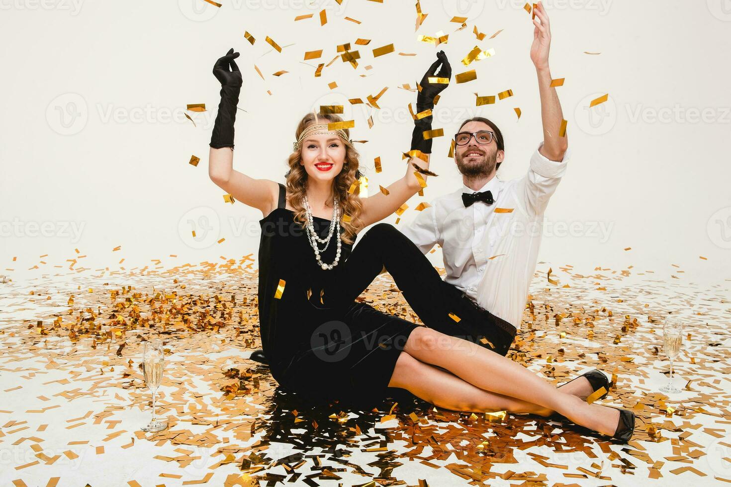 young stylish couple in love celebrating new year photo