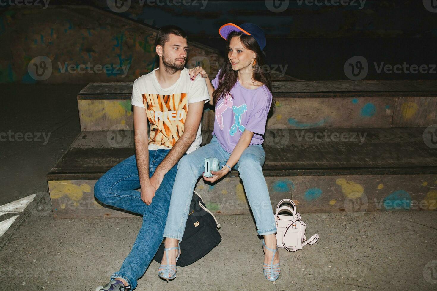 young stylish hipster couple in love, swag outfit photo