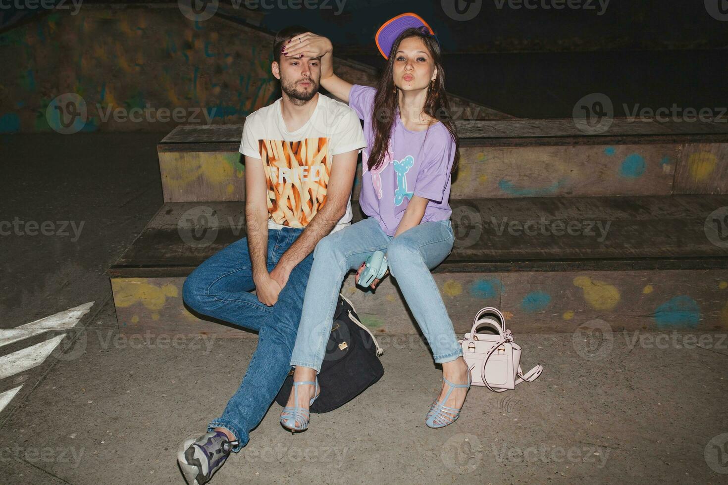 young stylish hipster couple in love, swag outfit photo