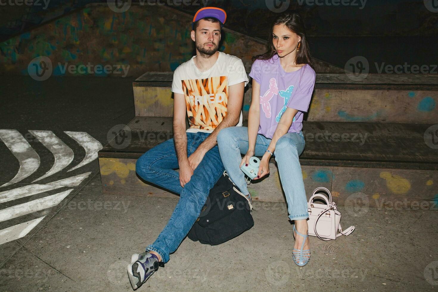 young stylish hipster couple in love, swag outfit photo