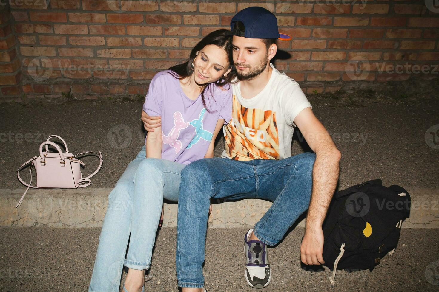 young stylish hipster couple in love, swag outfit photo