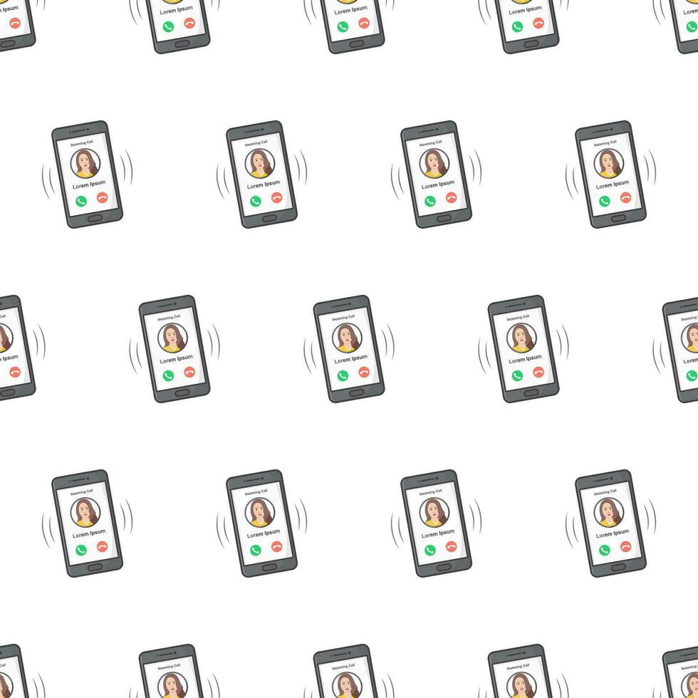 Phone With Incoming Call Seamless Pattern On A White Background. Phone Call Theme Vector Illustration