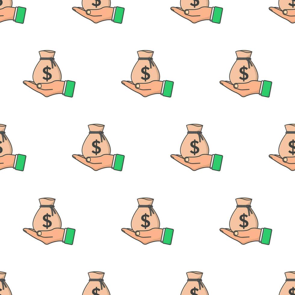 Hand Holding Money Bag Seamless Pattern On A White Background. Business Theme Vector Illustration
