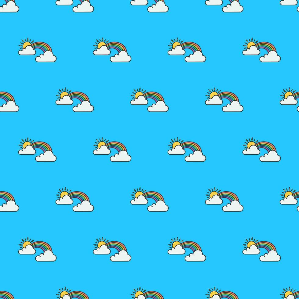 Rainbow With Sun And Clouds Seamless Pattern On A White Background. Weather Phenomena Theme Vector Illustration