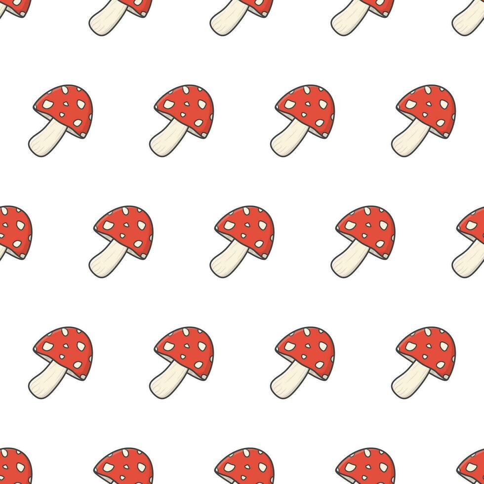 Mushroom Seamless Pattern On A White Background. Amanita Mushroom Theme Vector Illustration