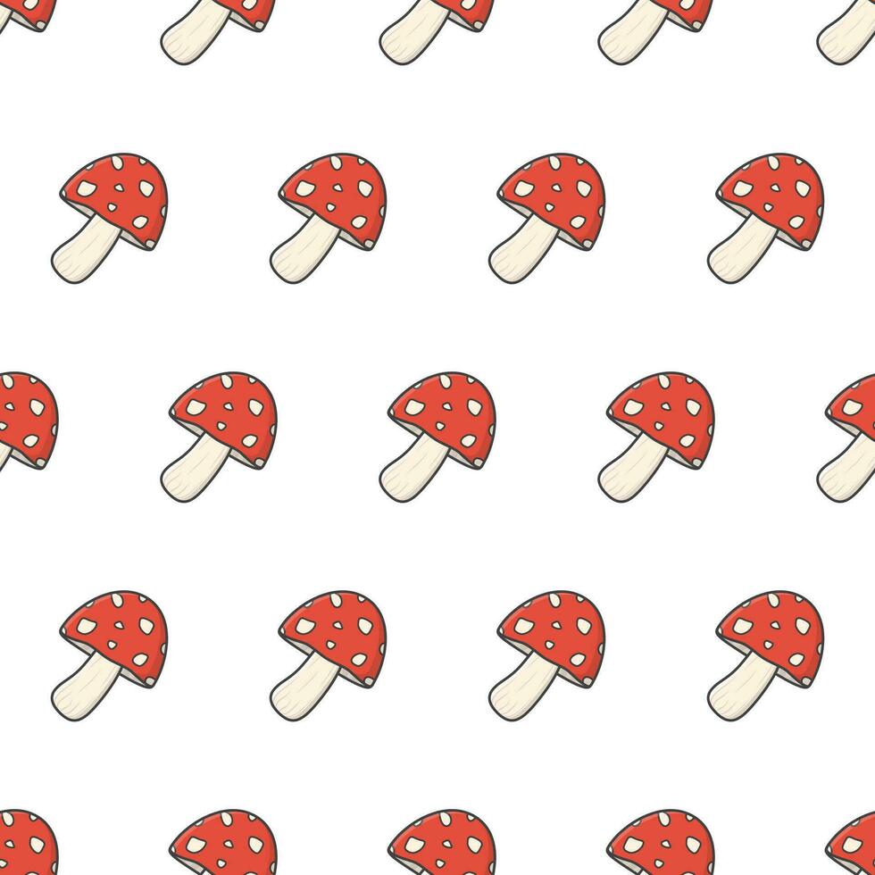 Mushroom Seamless Pattern On A White Background. Amanita Mushroom Theme Vector Illustration