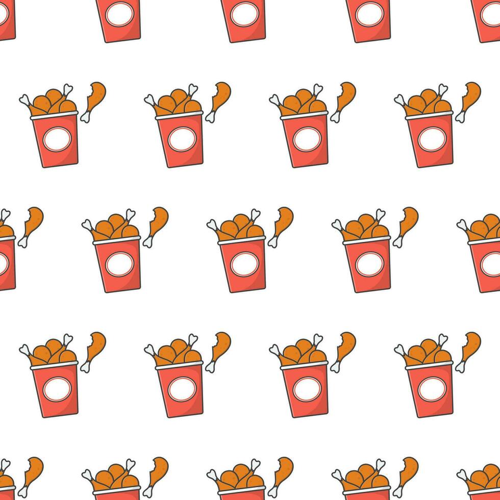 Fried Chicken Bucket Seamless Pattern On A White Background. Fried Chicken Theme Vector Illustration