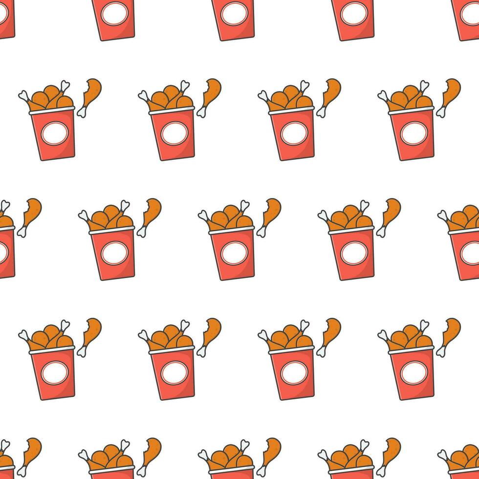 Fried Chicken Bucket Seamless Pattern On A White Background. Fried Chicken Theme Vector Illustration