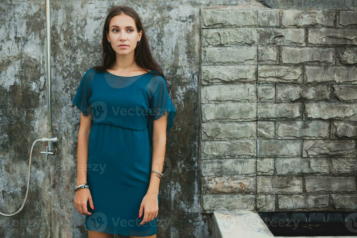 young stylish beautiful woman in blue dress, summer fashion trend photo