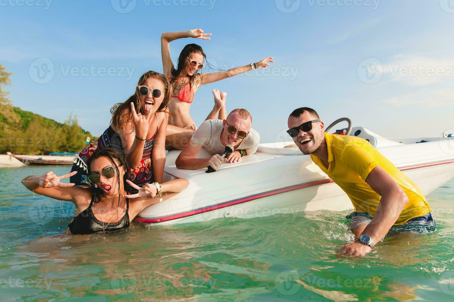 happy company of friends on summer vacation photo