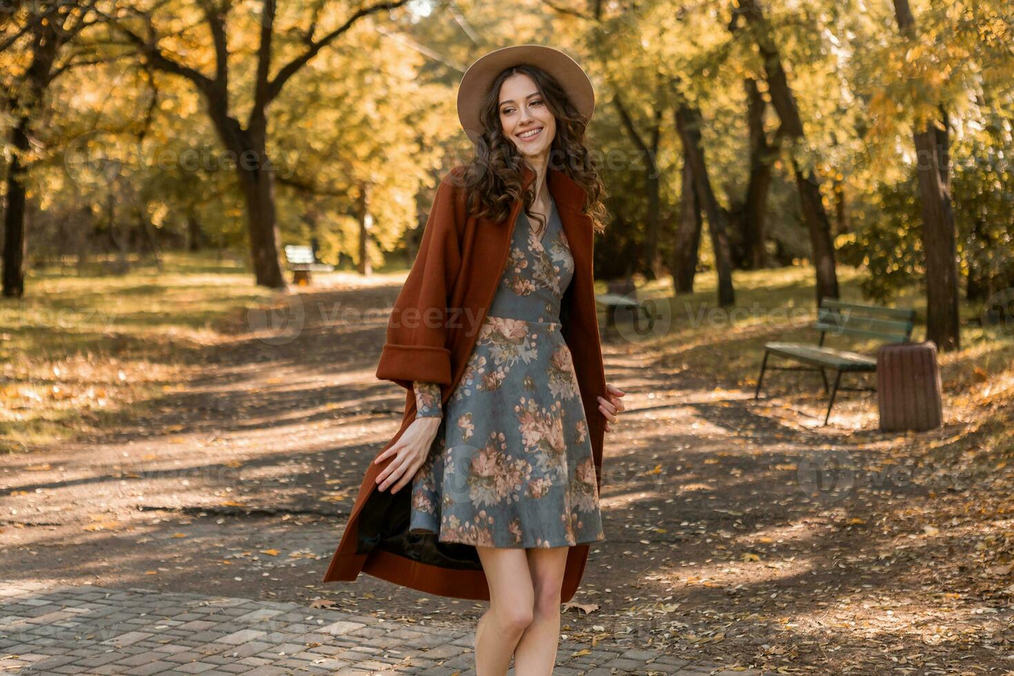 atractivo elegante mujer caminando en parque vestido en calentar marrón Saco foto