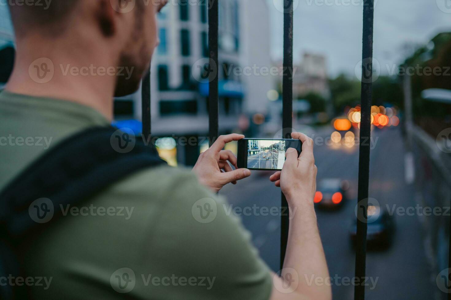 handsome hipster man walking in street photo