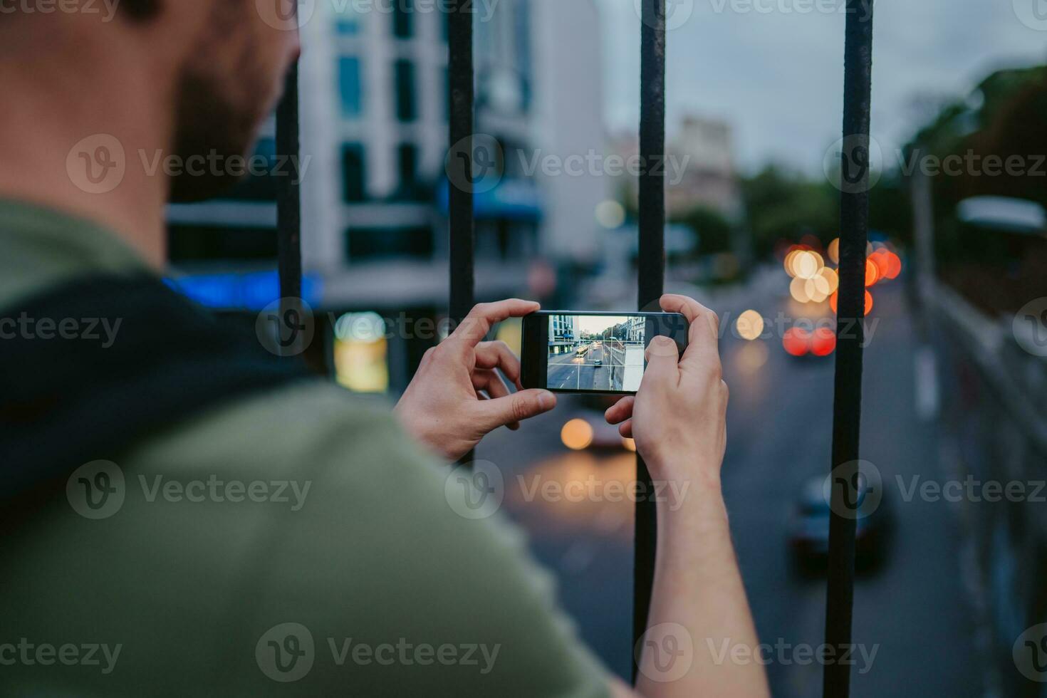 handsome hipster man walking in street photo