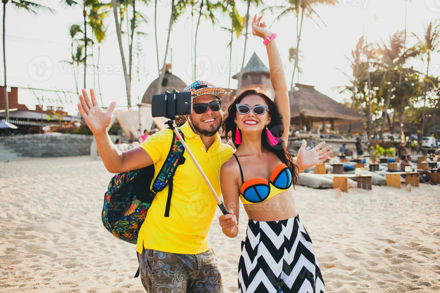 young hipster beautiful couple in love, stylish summer outfit photo