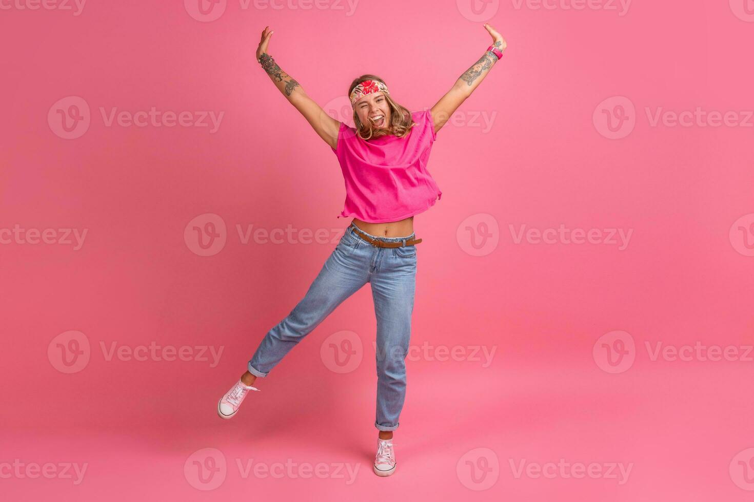 pretty cute smiling woman in pink shirt boho hippie style accessories smiling photo