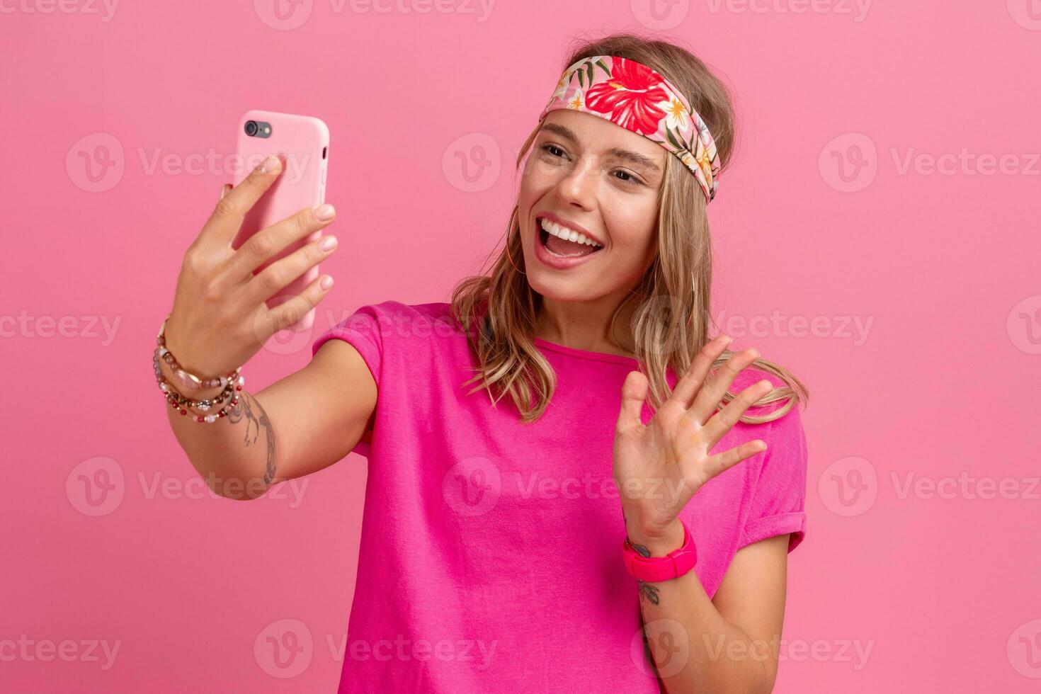 pretty cute smiling woman in pink shirt boho hippie style accessories smiling photo