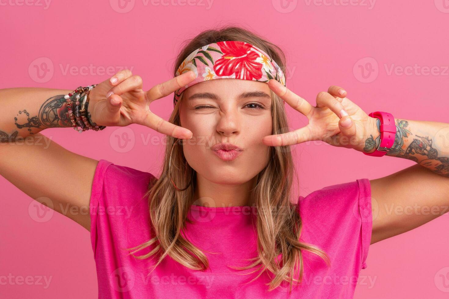 pretty cute smiling woman in pink shirt boho hippie style accessories smiling photo